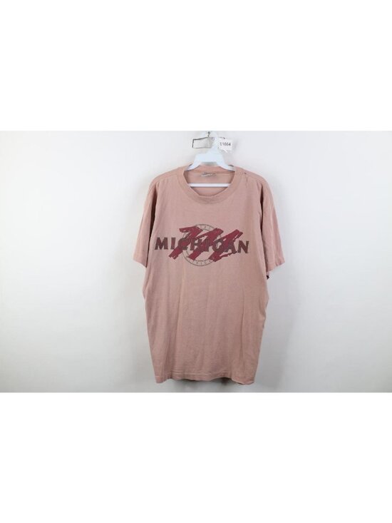 Vintage Other - Vtg 90s Mens Medium Thrashed Spell Out University of Michigan T-Shirt Pink USA
